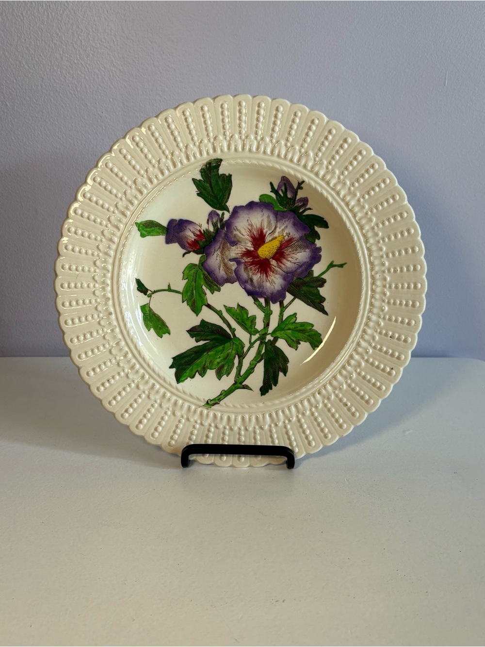 Vintage Cream Floral Cauldron Ceramic Plate with Purple Flower From England
